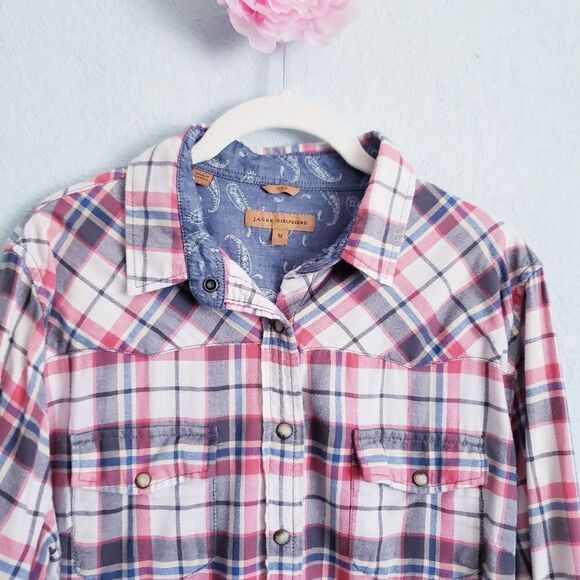 Jachs Girlfriend Blue and Red Plaid Snap Buttondown Cotton Flannel - Picture 4 of 7